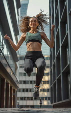 Energetic woman jumping with joy in city environment, showcasing an active lifestyle.の素材