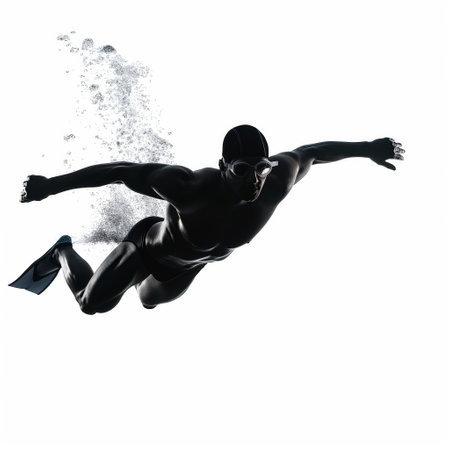 Silhouette of a male swimmer in mid-stroke isolated on a white background, emphasizing motion and athleticism.の素材