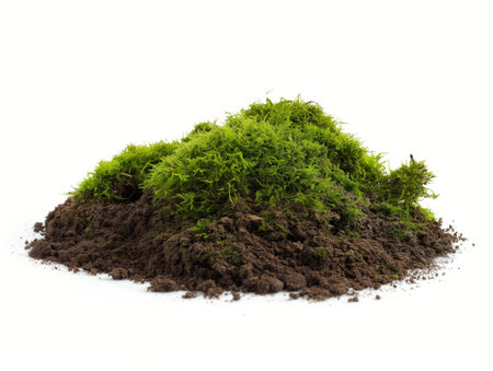 A lush green moss growing on a fertile soil mound isolated on a white background.の素材
