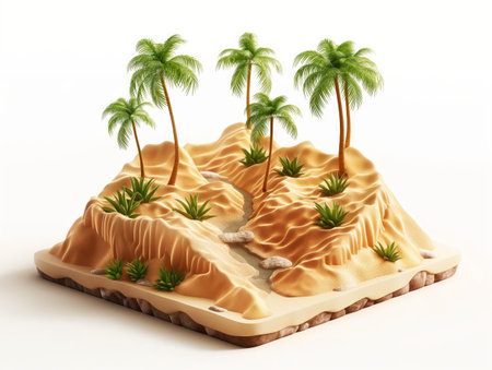 A detailed diorama of a sandy desert island with palm trees and lush greenery showcasing an idyllic and serene scene.の素材