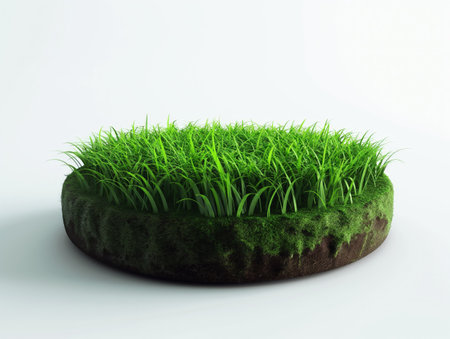 Vibrant green grass growing on top of a textured, round soil platform, isolated on white.の素材