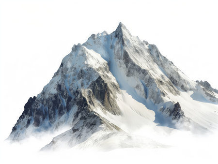A vast, towering mountain peak blanketed with snow, set against a clear sky.の素材