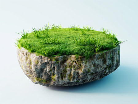 A lush green grassy island on a floating rock against a clear sky background.の素材