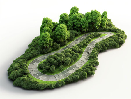 A winding road cutting through lush greenery, representing sustainable transport and harmony with nature.の素材