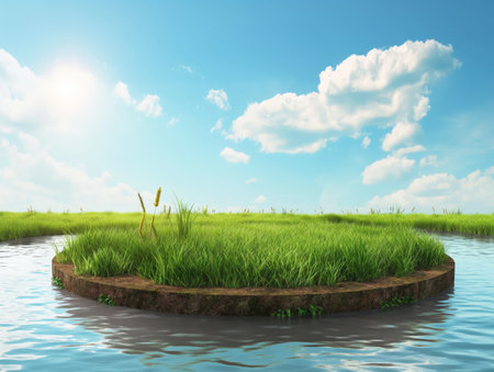 Lush green grass on a small circular island surrounded by water, under a clear sunny sky with clouds.の素材