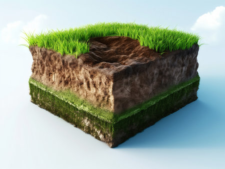Cross-sectional view of soil layers and grass, isolated on blue background, illustrating geology and agriculture.の素材