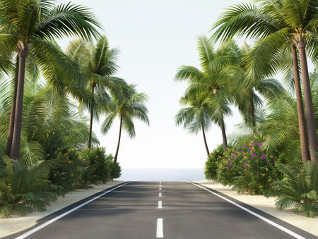 A straight road surrounded by lush palm trees leading towards a tranquil ocean horizon.の素材