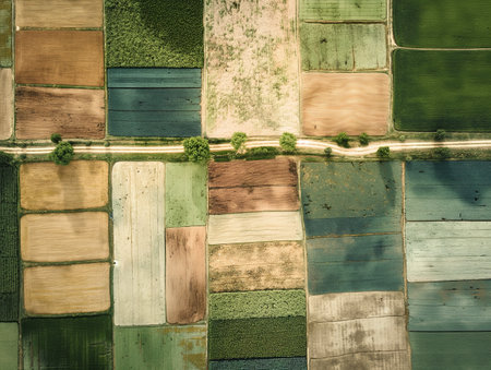 A top-down view of colorful agricultural fields creating a patterned landscape.の素材
