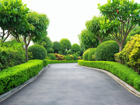 A beautifully manicured garden pathway lined with vibrant green bushes and trees under a clear sky.の素材