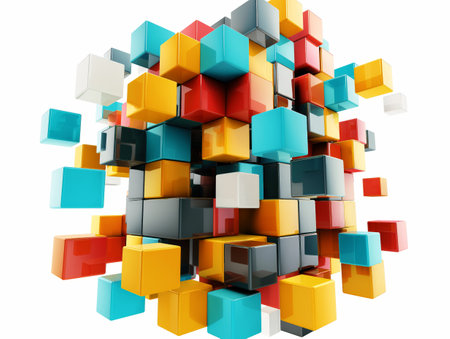 Vibrant 3D cubes in red, blue, orange, and white floating against a white background, symbolizing organization, digital data, or creativity.の素材