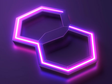 Two interconnected neon-lit hexagons creating a modern abstract background with a vibrant pink and purple glow.の素材