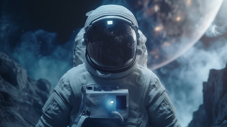 An astronaut in a spacesuit stands against a backdrop of cosmic scenery reflecting the stars.の素材