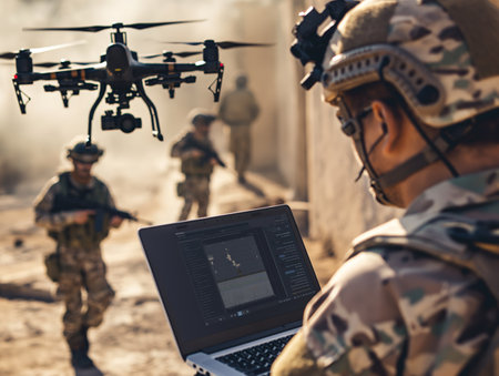 Soldier operating a drone via laptop with fellow troops in the background in a dusty desert environment.の素材
