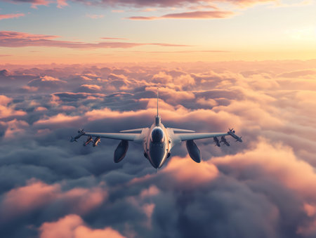 A military aircraft flies high above a sea of clouds bathed in the warm glow of the setting sun.の素材