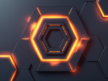 Abstract hexagon pattern with glowing neon edges on a dark background, symbolizing technology and innovation.の素材