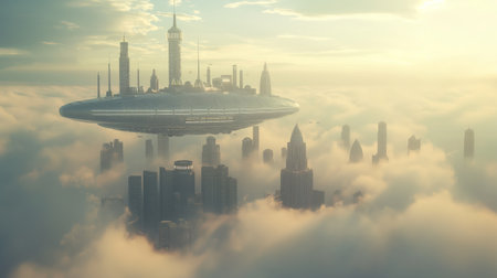 A serene cityscape with futuristic architecture floating above soft clouds under a warm sky.の素材