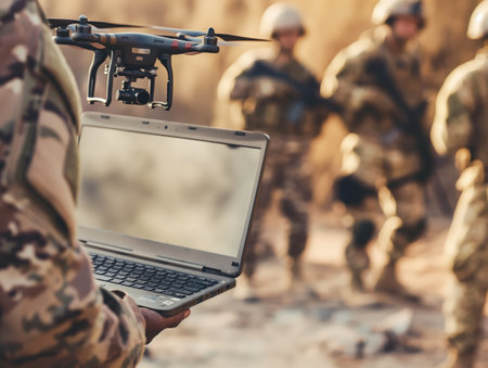 Soldiers operating a drone with a laptop, showcasing modern military technology in use.の素材