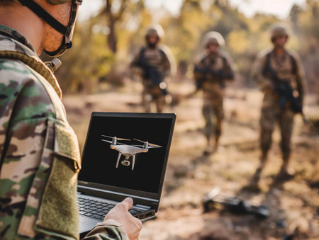Soldier in camouflage uses laptop to control drone with military team advancing in the background.の素材