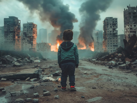 A young child stands facing a fiery scene of urban destruction.の素材