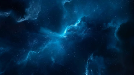 A serene view of a blue nebula with sparkling stars, embodying the vastness of the universe.の素材