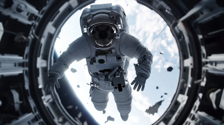 An astronaut exits a spacecraft into the vastness of space, surrounded by floating debris.の素材