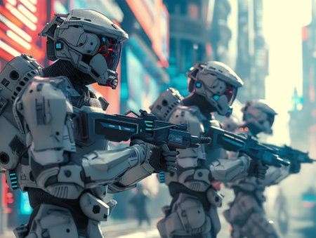 Advanced armored soldiers with high-tech weaponry in a neon-lit urban environment.の素材