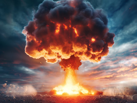 Massive volcanic explosion under dramatic evening sky with fiery lava and ash cloud.の素材