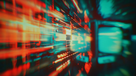 Vibrant abstract of blurred streaming data symbolizing high-speed internet connectivity and information transfer.の素材