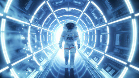 Astronaut floating in a luminous sci-fi corridor with circular patterns of light.の素材