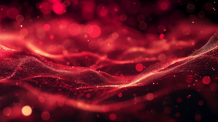 Luminous red waves with sparkling bokeh particles conveying elegance and energy.の素材