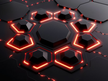 Abstract hexagonal shapes with glowing red outlines on a dark surface, depicting high-tech concept.の素材