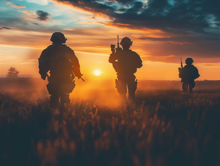 Silhouettes of three soldiers patrolling through a field against a vivid sunset sky, evoking themes of military and defense.の素材