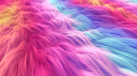 A vibrant, multicolored fur texture creating a soft and fluffy abstract background.の素材