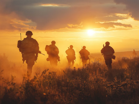 Silhouettes of soldiers on the move against a vibrant sunset backdrop convey determination and camaraderie.の素材