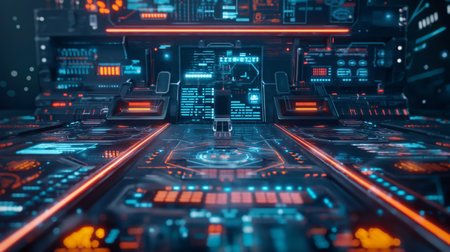 Advanced technological control panel with immersive neon lights and digital displays.の素材