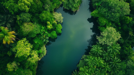 Lush green foliage envelops a serene river in a dense tropical jungle from an aerial perspective.の素材