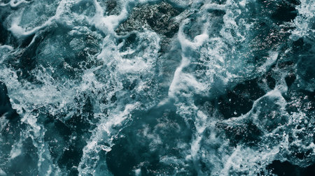 Dynamic close-up of swirling ocean waves and foam symbolizing power and natural beauty.の素材