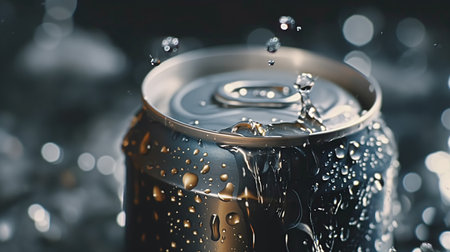 Close-up of a canned drink with water droplets, conveying a sense of freshness and cooling.の素材