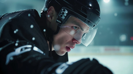 Close-up of a male ice hockey player on the rink, displaying determination and focus during a game.の素材
