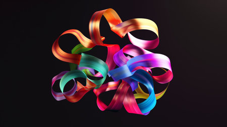 Vibrant abstract ribbons twisting against a dark background.の素材