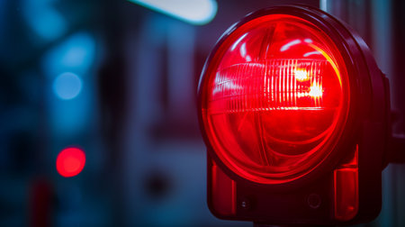 Red light of a traffic signal glowing brightly at nightの素材