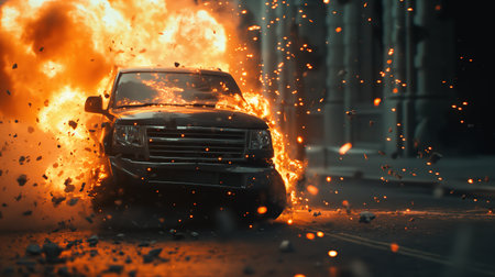A dramatic scene showing a vehicle engulfed in flames after a powerful explosion in a city environment with debris scattering around.の素材
