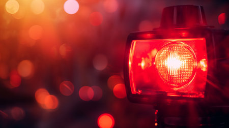 Close-up of a bright red emergency light with a blurred background of bokeh lights.の素材
