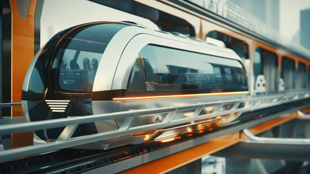A sleek, modern autonomous train docked at an elevated transit station in a city of the future.の素材