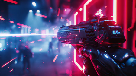 Close-up of a sci-fi gun with neon lights reflecting on its surface and sparks flying around.の素材