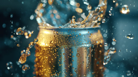 Golden splashes surround a soda can, capturing the dynamic moment of a refreshing burst.の素材