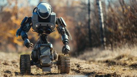 A robotic figure navigating the rugged outdoor landscape, showcasing advanced technology and exploration concepts.の素材