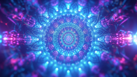 Abstract technology backdrop with a glowing neon fractal pattern suggesting advanced digital concepts.の素材