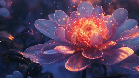 A mystical flower glowing with sparkling lights surrounded by dark foliage under a dim twilight ambiance.の素材
