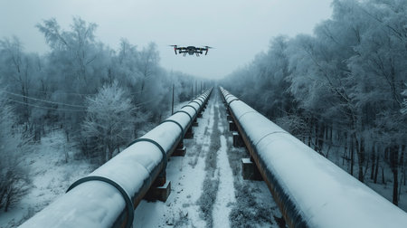 Drone flying over snow-covered pipelines in a frosty forest landscape, depicting industrial surveillance in winter.の素材